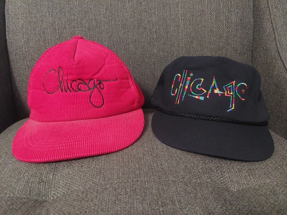 Vintage Chicago Illinois Hat Set Red Corduroy Snapback And Black Rainbow Letters
